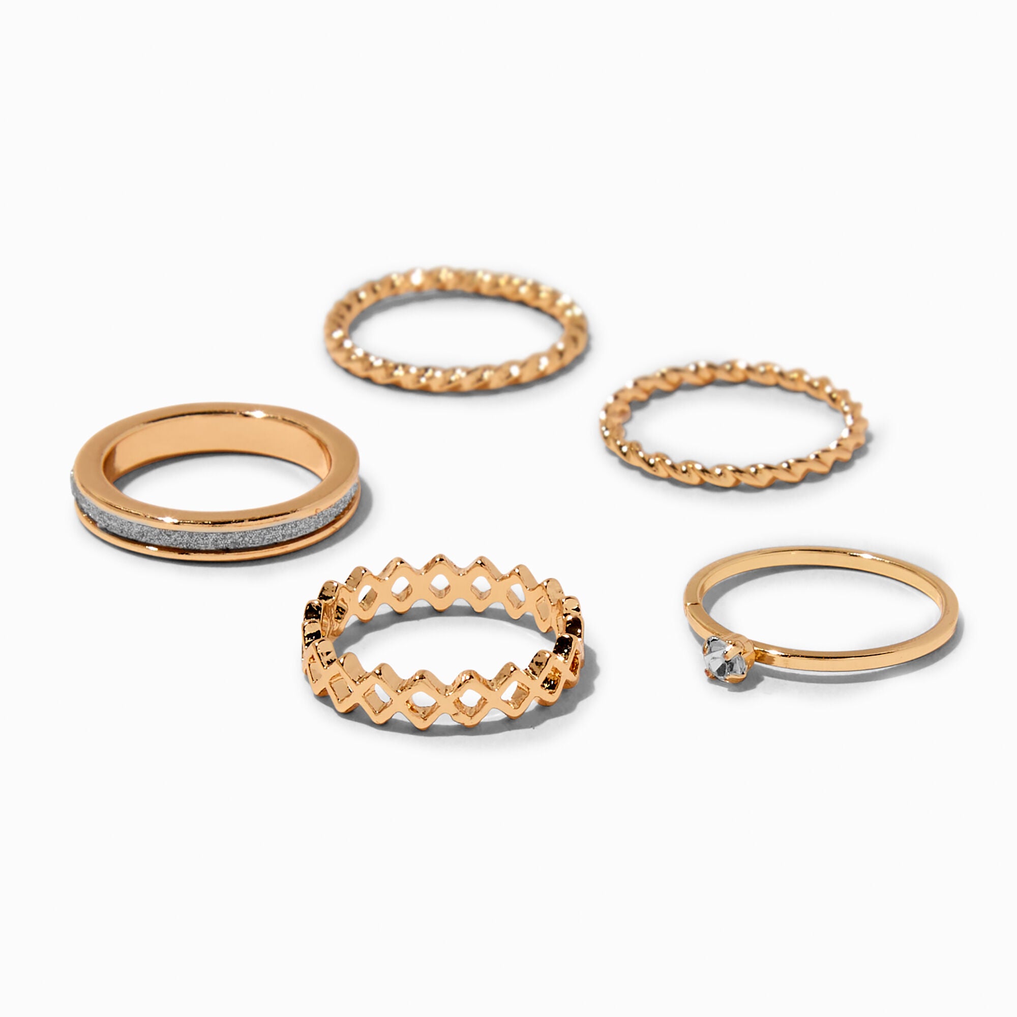Gold-tone Zig Zag Glitter Rings - 5 Pack